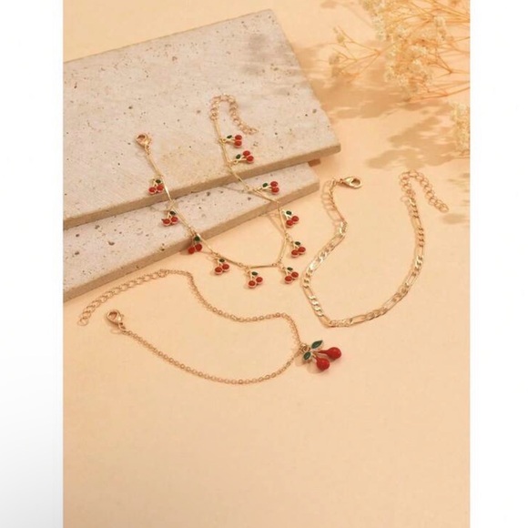 3 Piece Cherries Anklet Bracelet Set - Picture 3 of 4